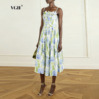 VGH French Elegant Floral Midi Dress for Women Spaghetti Strap Square Collar 3D Petal Accent Casual Dresses for Spring Picnics