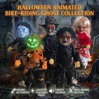 Trójkołowy rowerek z duchem na Halloween, rekwizyt, zabawka do jazdy aktywowana dźwiękiem, z podświetlanymi oczami i dźwiękami, dekoracja do nawiedzonego domu.