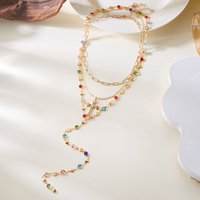 Light Luxury Colorful Rhinestone Double-Layer Chain Necklace for Women Metal Collarbone Chain Cross Pendant Body Jewelry Gifts