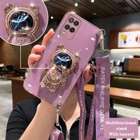 Quicksand Astronaut Lanyard Plating Phone Holder Case For Oppo A15 A15S A76 A77 A78 A16 A16K A53 A54 A94 A95 F19 A55 A92 Cover