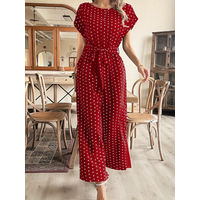 2026 Summer New Collection Retro Polka Dot Red Jumpsuit with Waist Tie and Flutter Sleeves, Wide-Leg Jumpsuit, Plus Size Women's Clothing for Work and Vacation