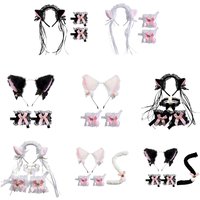 652F Cartoon Kitten Foxes Ear Headband & Choker/Lace Cuffs/Tail Set for Party Halloween Funny Dress Cosplay Unisex