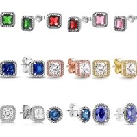 New Fashion 925 Sterling Silver Square Red Green Zircon Earrings For Women Original DIY Wedding Engagement Jewelry Gifts