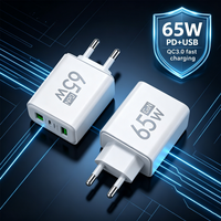 65W 3 Ports USB GaN Charger QC3.0 PD Type Fast Charging EU/US Plug Wall Charger For iPhone Samsung Xiaomi Huawei Phone Charger