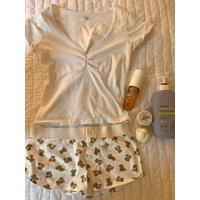 White V Neck T-shirts+little Bear Print Shorts Two Piece Set Cute Home 2 Piece Sets Women Outfit Vintage Cotton Slim Short Sets