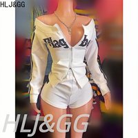 HLJ&GG White Fashion Vintage Letter Off Shoulder Two Piece Sets Women Zipper Long Sleeve Slim Top And Shorts Outfits Streetwear
