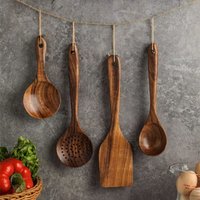 4-8pcs Wooden Cooking Spoon with Storage Bucket Natural Material Kitchen Utensils Set Durable Unbreakable Kitchen Shovel Set