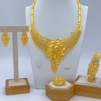 Nigerian Flower Necklace Earrings Jewelry Sets For Women Fashion 24K Gold Color Wedding Bracelets Indian Rings Bridal Gift