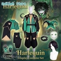 Freakak Anime Game Circusus Cosplay Harrequing Green Horror Demon Clown Uniform Black Green Retro Suit Wigs Mask Halloween Cos