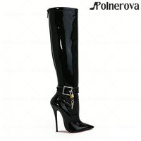 16cm Metallic Buckle Knee Boots Sexy Style Lacquered Heel Pointed Toe Boots Multi-colored Patent Leather Ultimate Handmade Shoes