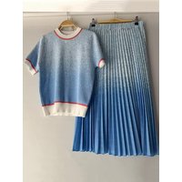 Designer retro geometric print T-neck knitted pullover two-piece 2026 summer women's dress+loose pleated skirt fashion suit