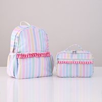 Rainbow Striped Backpack Light Colored Schoolbag With Adjustable Shoulder Straps And Pink Pleated Lace Design Fashion