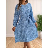 Womens Sun Dress Summer Women's Retro Floral Print Casual Long Sleeved Pleated Women Casual Loose Bohemian Floral