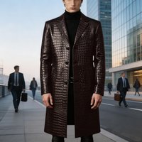 Men Premium Crocodile Embossed Leather Trench Coat Slim Fit Single Breasted Long Overcoat Formal Business Streetwear