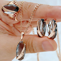 Kinel Hot Big Grey Natural Zircon Jewelry Sets for Woman Fashion 585 Rose Gold Color Ring Earrings Necklace 3Pcs Vintage Jewelry