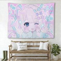 Kawaii Anime Girl Tapestry, Pastel Pink Blue Y2K Aesthetic Wall Hanging, Needy Girl Overdose Inspired Decor for Bedroom Dorm