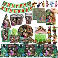 Masha and Bear Birthday Decoration Tableware Cups Plates Tablecloth Napkins Balloon Set Banner Backdrop Hanging Party Supplies
