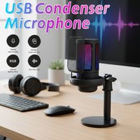 USB Studio Condenser Microphone RGB Light Touch-Mute Pop Filter Mic for PC Computer Laptop Recording Streaming Singing Gaming