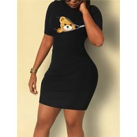 Summer women's BEAR cartoon print casual Bodycon Dress with Crew Nec slim fit short sleeved round neck T-shirt short mini dress