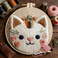 Cartoon Cat Animal Punch Needle Embroidery Kit For Beginner Cute Magics Needle Embroidery Set Soft Yarn Needlework Cross Stitchs