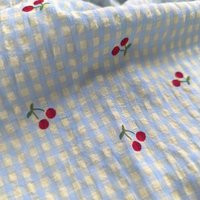Blue Bubble Checkered Cherry Pattern Polyester Cotton Fabric for DIY Doll Children Spring Summer Women Dress Fabric for Sewing