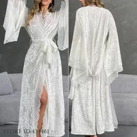 Elegant White Velvet Long Robe Kimono Bathrobe Gown Sexy Lace Trim Home Dress Women Sleepwear Autumn Velour Loungewear Negligee