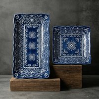 Vintage Blue and White Ceramic Serving Platter Moroccan Style Wavy Edge Rectangle Square Plate Creative Sushi Snack Dishes