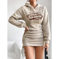2026 women's new casual long sleeved solid color pattern short hooded dress short skirt, suitable for daily outdoor wear