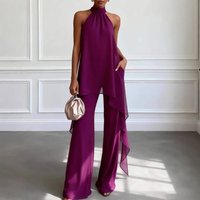 Elegant Purple Two Piece Set Women Halter Neck Asymmetrical Chiffon Top + Wide Leg Pants Casual Loose Office Party Outfit