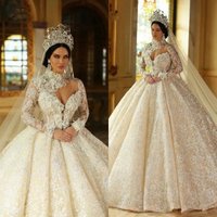 Luxurious A-Line Lace Applique Bead Decoration Wedding Dress Sexy High Neck Long Sleeved Arab Charming Bride Dress Customized