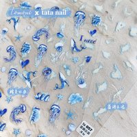 Blue Embossed Jellyfish Ocean Nail Art Sticker Self Adhesive Marine Life Whale Nail Decals Manicure DIY Supplies Nails Slider