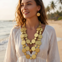 Bohemian Vintage Round Wooden Bead Multilayer Long Necklace Earrings Set For Women Beach Vacation Jewelry Accessories