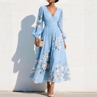 Elegant Women Deep V Neck Long Sleeve Maxi Dress Spring Summer Printed Patchwork Holiday Dresses Fashion Big Swing A-line Dress
