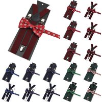 Solid Color Elastic Leather Suspenders Christmas Bowtie Set Red Blue Green Xmas Tree Elk Pattern Bow Tie Festival Y-Back Straps