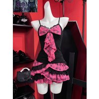 Japanese Vintage Street Punk 2 Piece Set Women's Bow Thin Spaghetti Strap Vest + Plaid Lace Skirt Subculture Y2K Set Jirai Kei