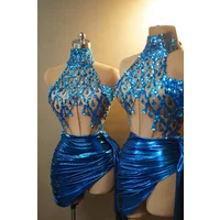 Birthday Party Celebration Dress Singer Dancer Stage Clothing Drag Queen Costume Blue Sequins Halter Evening Dresses