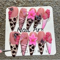 10Pcs Long Leopard Print French Stiletto Handmade Press on Nails 3D Butterfly False Nails Summer Flower Wearable Fake Nail Uñas