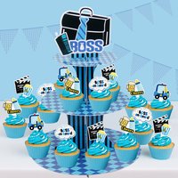 Blue Black BOSS Theme Cupcake Stand(1) with Toppers(16), Boy Boss 1st 2nd Birthday Baby Shower Table Centerpiece Party Decors