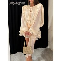 TWOTWINSTYLE Solid Loose Spliced Folds Elegant Dresses for Women Round Neck Long Sleeves Patchwork Lace Up Tunic Dress Female