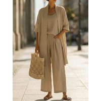 Casual Solid Cotton Linen Loose Vest Shirt Trouser 3pc Set Women Short Sleeve Cardigan Wide Leg Pants Suits Summer Lady Outfits