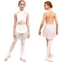 Kids Girls Ballet Dance Tutu Dress Lyrical Contemporary Dance Performance Costume Sheer Mesh Overlay Dresses Gymnastics Leotard