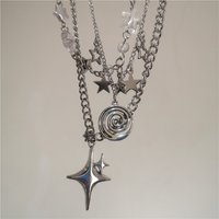3PCS SET Punk Rock Silver Color Vortex Star Pendant Chain layered Necklace For Women Men Charms Y2k Grunge Accessories Jewelry