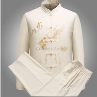 Chinese Traditional Men's Tang Suit Sets Long Sleeve Long Pants Dragon Kung Fu Suit Embroidery Dragon Shirt Wu Shu Tai Chi