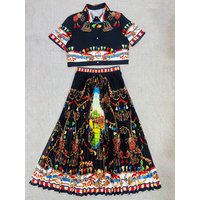 2026 Summer Women's Clothing Retro Geometric Print Lapel Short Shirt Two-piece Set + Loose Large Size Smocked Skirt Fashion Suit