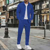 New Four Seasons Men's Casual Waffle Fashion Trendy Set Solid Color Collar Pocket Long Sleeve workwear Coat Long Pants Two Piece