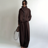 LIMO 2026WomanElegant Chinese knot two-piece set: high-neck zip top & wide-leg pants, loose fit for commuting & casual outings.