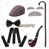 1920s Mens Gatsby Gangster Costume Old Man Fancy Dress Costume Grandpa Accessories Set with Newsboy Hat Great Gatsby Decoration