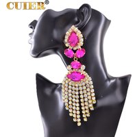 Rhinestones SS28 Dazzling17CM Long Tassel Clip on Earring for Women Jewelry Crystal AB Big Size Accessories for Drag Queen
