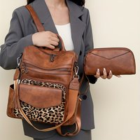 Vintage Women's Backpack Large Capacity Leopard Print Block Design with Tassel Stain-Resistant Leather