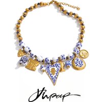 Yhpup Blue Ceramic Beads Chain Turtle Fish Heart Drop Charm Necklace Stainless Steel Handmade Statement Neck Jewelry